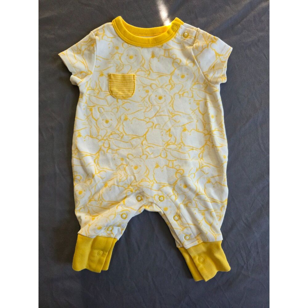 Disney Baby Winnie the Pooh Yellow White Short Sleeve Romper 0-3M NWOT